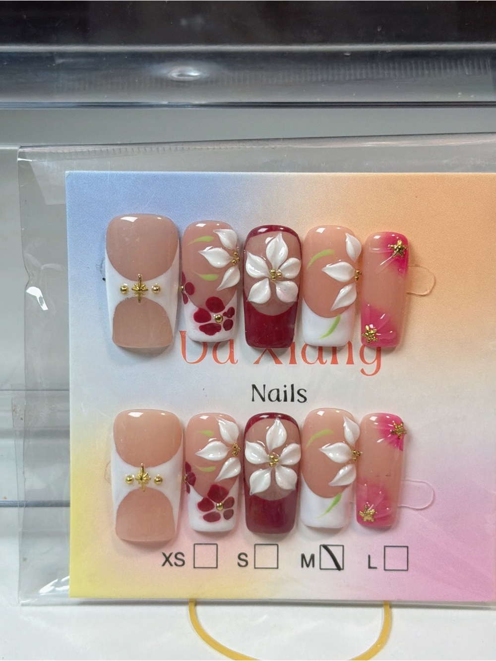 Floral 3D Press-On Nails Set in Nude, Burgundy & Pink - Unbranded